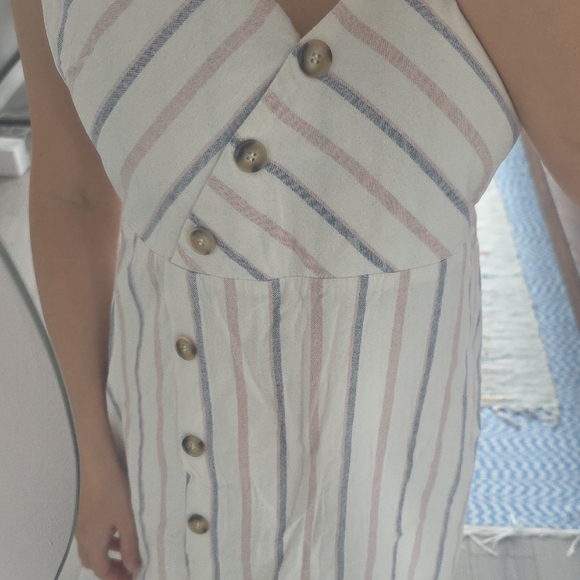 Striped White Sleeveless Button-Front Midi Dress - Picture 2 of 3